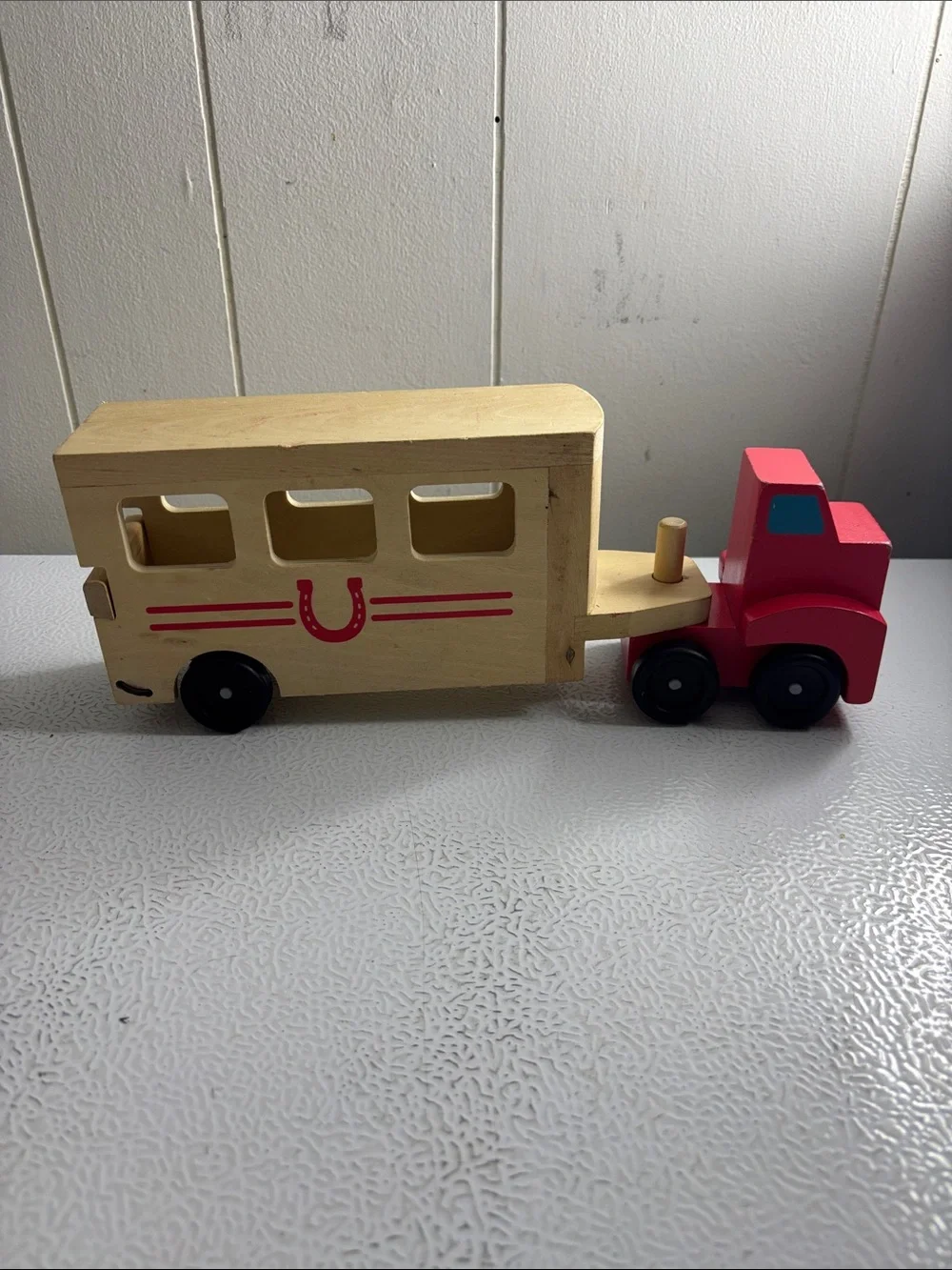 Wooden Red Truck with Beige Trailer Kids Toy
